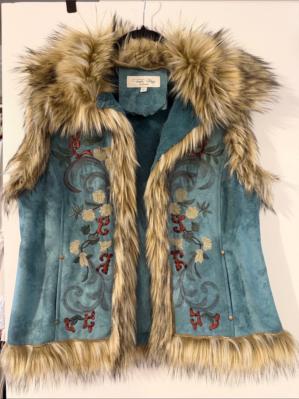Tasha Polizzi Teal Embroidered Faux-Fur Trim Vest